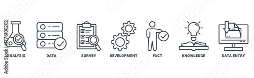 Research icon set vector concept with icon of analysis, data, survey, development, fact, knowledge and data entry 