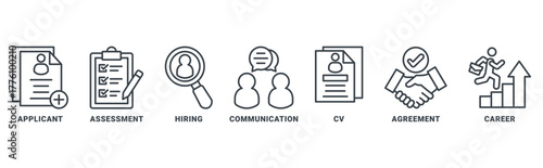 job interview icon set vector concept with icon of applicant, assessment, hiring, communication, cv, agreement, career 