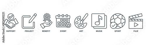 Sponsoricon icon set vector concept with icon of event, art, project, sport, music, support, film and benefit 