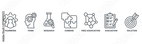 Brainstorming icon set vector concept with icon of teamwork, think, research, combine, free association, evaluation, solution 