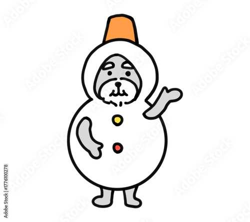 雪だるまの着ぐるみを着た手描きの犬