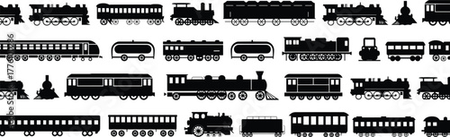 Train silhouette vector set, steam locomotive, modern railcar, freight wagon, tanker, caboose icons, black transport illustration, railway vehicle design, vintage style
