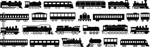 Train silhouette vector set, steam locomotive, modern rail engine, passenger car, freight wagon, caboose icons, transportation graphic, black illustration