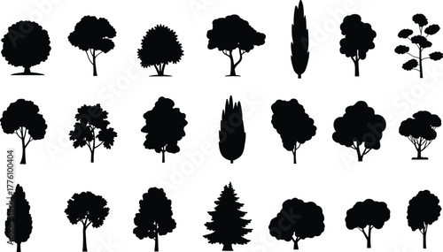 Tree silhouette collection, diverse tree shapes, botanical vector set, landscape design elements, forest illustration, nature clipart, coniferous and deciduous trees
