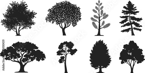 Tree silhouette vector collection, black botanical icons, deciduous and evergreen shapes, landscape design elements, nature illustration, forest foliage, white background