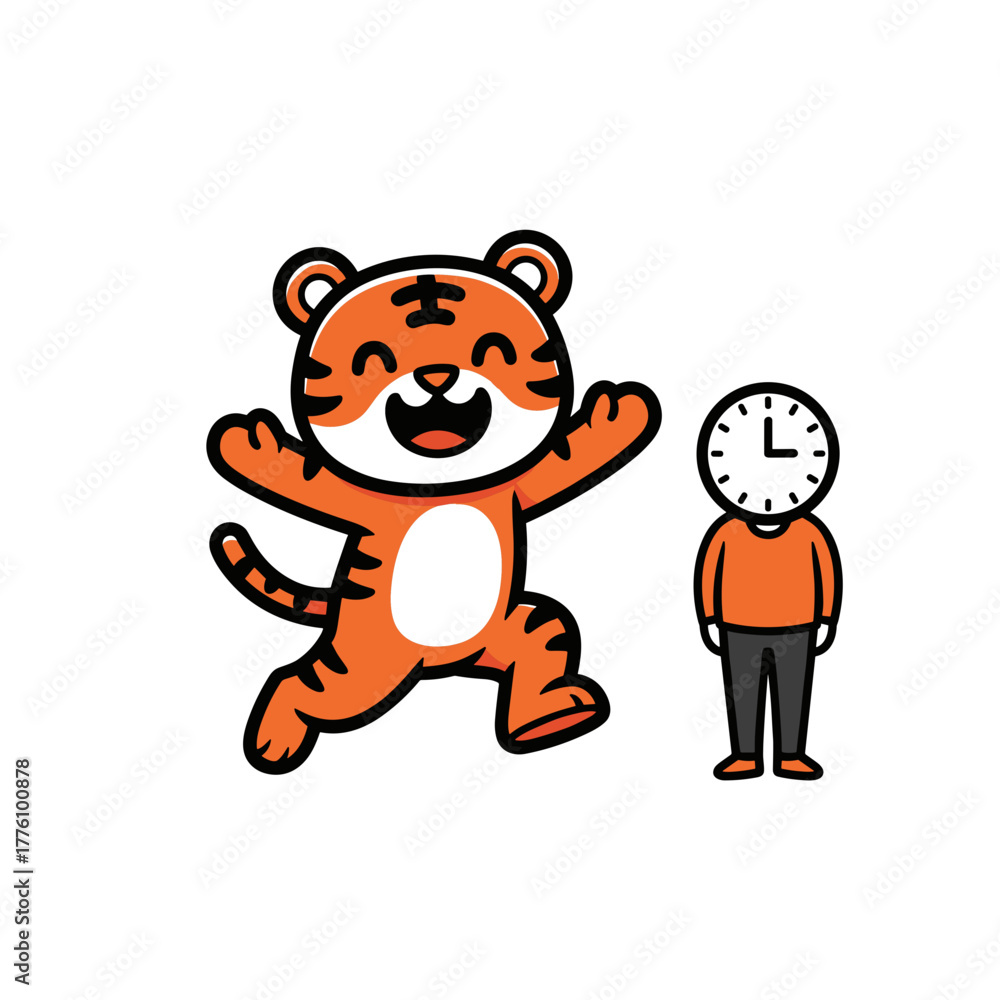 Fototapeta premium Joyful tiger jumping near person with clock