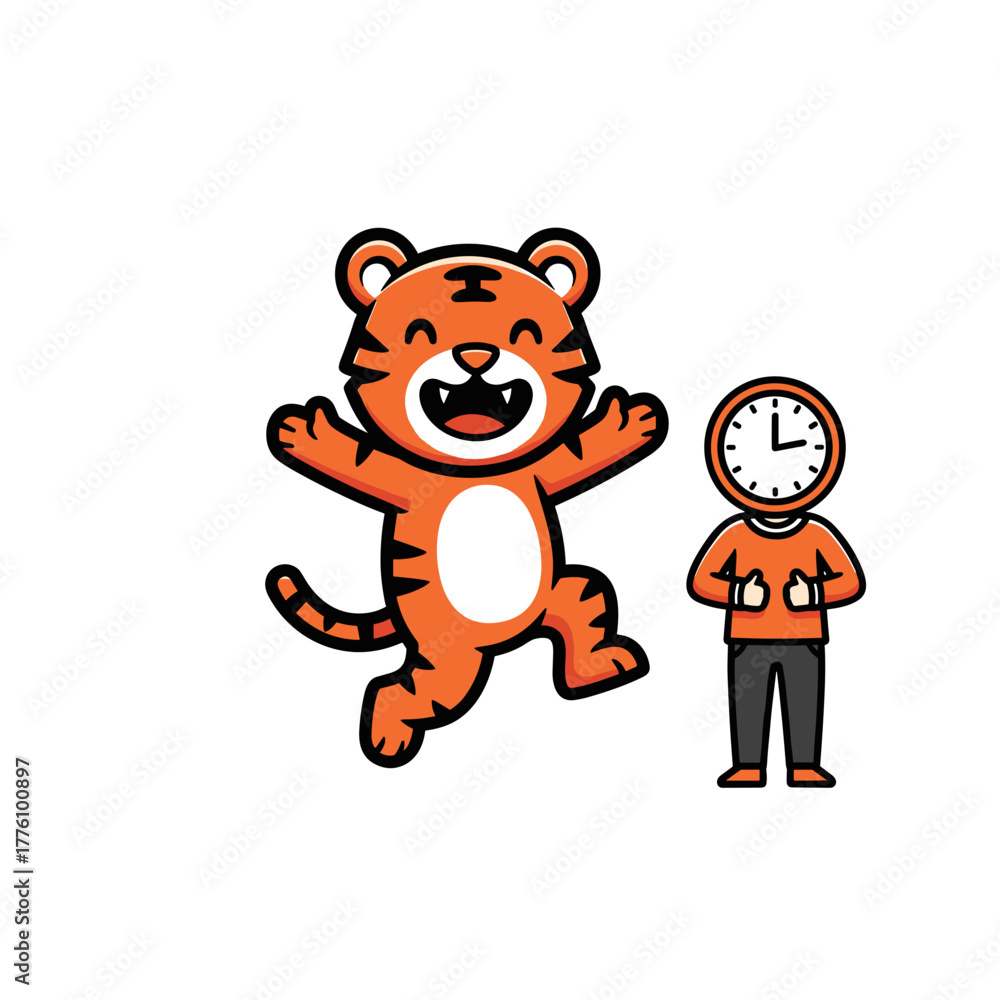 Fototapeta premium Cute tiger with small figure and clock