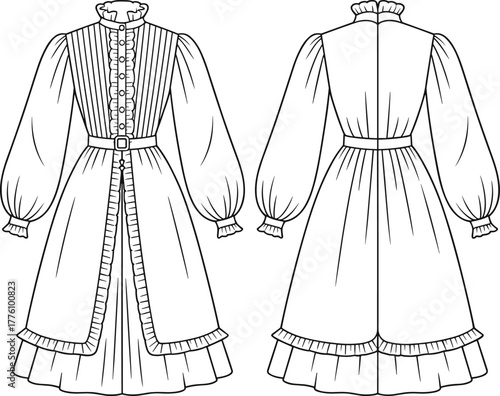 Vintage layered dress, puff sleeve design, fashion flat sketch, technical garment illustration, pleated bodice detail, button front closure, ruffle hem artwork