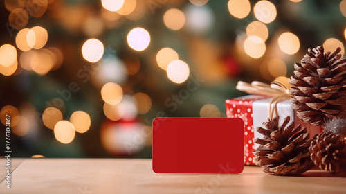 Blank Red Card Mockup on Wooden Table with Christmas Lights and Gift Background. Holiday Sale, Gift Certificate, or Greeting Card Template.