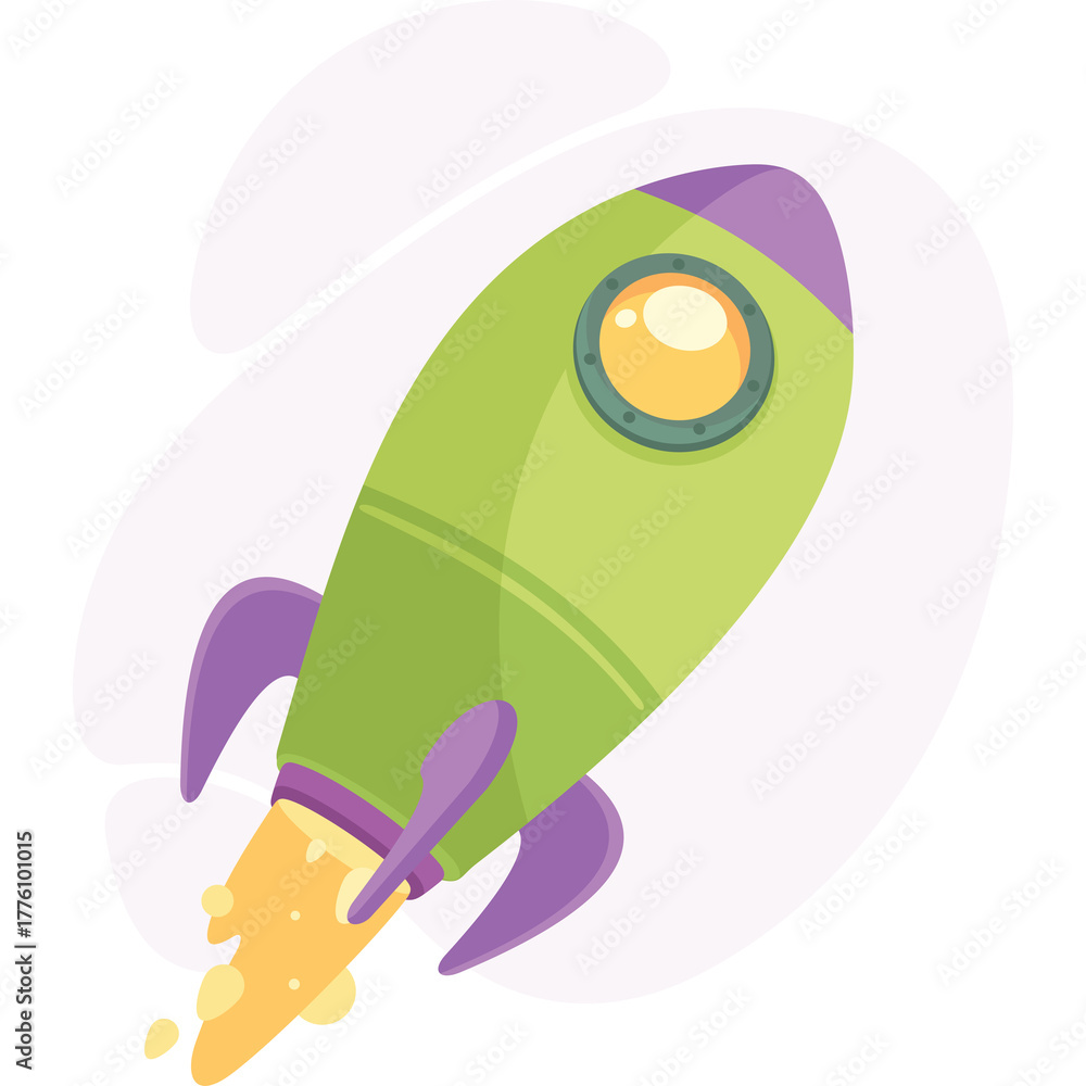 Obraz premium Green Rocket Ship With Purple Fins Launching With Orange Flames And Smoke Against A Light Purple Background With White Swirls On A Transparent Background Detailed Vector Illustration