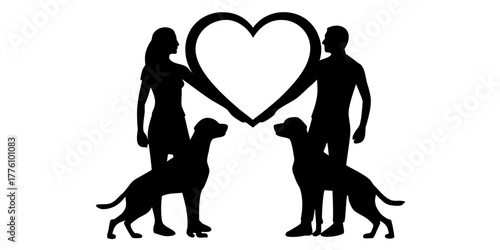 Modern silhouette graphic design showing a man, a woman, dogs and a heart shape expressing love for animals and relationships with pets, originally vector art