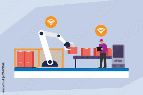 Smart Factory Automation: Robotic Arm and Worker Managing Packages on a Conveyor Belt with Wireless Connection 2d flat vector illustrations