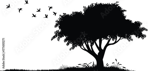 Tree silhouette with flying birds, nature scene, grassy base, tranquil environment, black vector illustration, minimal design, peaceful landscape, environmental concept