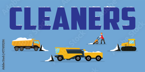 Winter Road Cleaners and Snow Removal Service with Plow Trucks and Man Operating a Snow Blower 2d flat vector illustrations