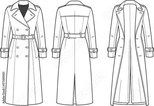 Trench coat technical fashion sketch, front back open view, double-breasted flat vector, garment construction, CAD drawing illustration