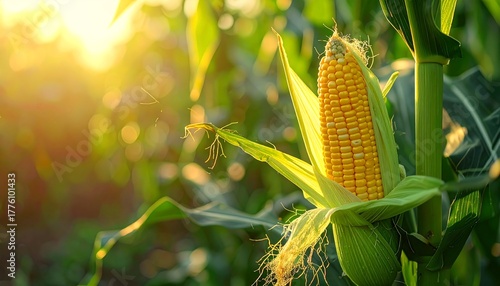 Ripe ear of corn shines in golden sunlight, nestled among green leaves in a field