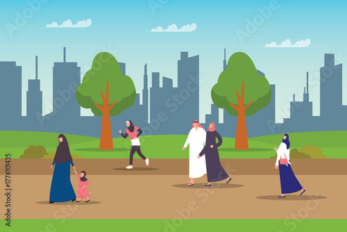 Muslim People in Urban Park. Arab Family, Woman in Hijab and Abaya Walking and Exercising Outdoors with City Skyline Background 2d flat vector illustrations