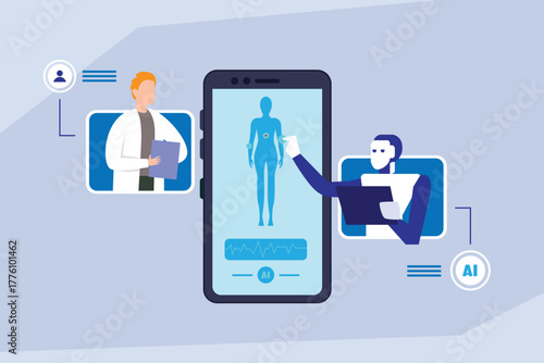 Telemedicine and AI Doctor Collaboration. Artificial Intelligence Robot and Human Physician Diagnosing Patient Health Data on Mobile Phone Application 2d flat vector illustrations