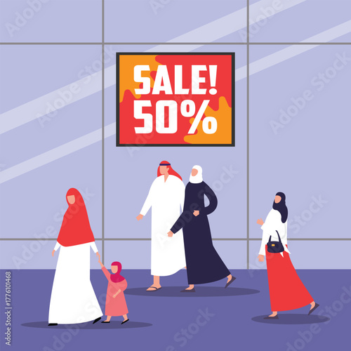 Middle Eastern People Shopping During Sale. Arab Family and Women in Hijab Walking Past a Big 50% Sale Sign at a Shopping Mall 2d flat vector illustrations