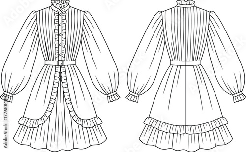 Vintage ruffle dress, puff sleeve gown, fashion flat sketch, technical garment illustration, pleated bodice design, button front closure, historical clothing artwork