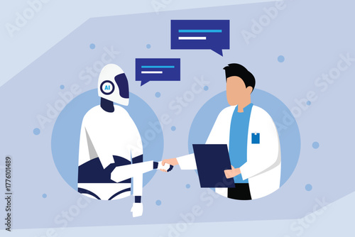 AI and Human Collaboration Partnership. Robot and Man in Lab Coat Shaking Hands, Discussing Data and Innovation in Science or Healthcare Technology 2d flat vector illustrations