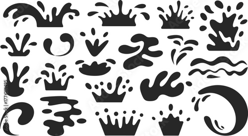 Water splash vector set, black silhouette droplets, abstract fluid shapes, wave icons, crown splash elements, graphic design assets, isolated liquid symbols