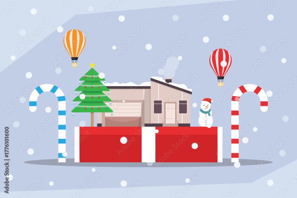 Fototapeta premium Winter Holiday and Christmas Scene. Modern House Decorated with Christmas Tree, Snowman, Giant Candy Canes, and Hot Air Balloons in the Snow 2d flat vector illustrations