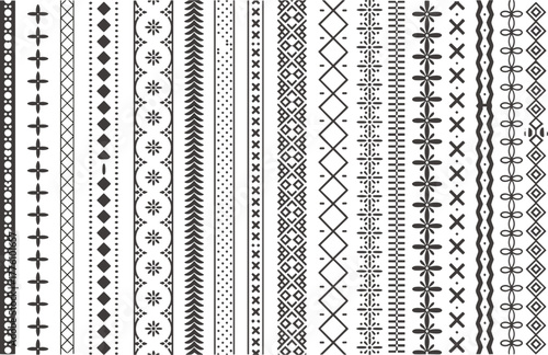 Vertical decorative pattern set, black ornamental borders, ethnic textile motifs, geometric line art, seamless design elements, traditional vector trim collection
