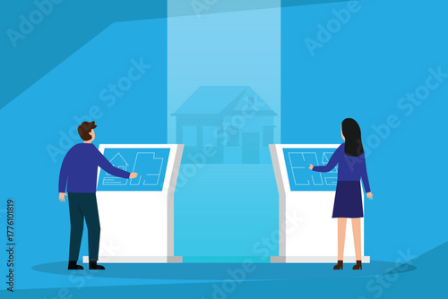 Couple Interacting with Digital Kiosks to View Virtual Real Estate and Home Property Blueprints 2d flat vector illustrations