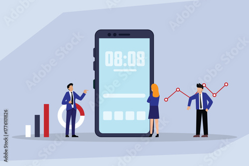 Business People Analyzing Data and Charts Next to a Large Smartphone with a Time Clock 2d flat vector illustrations