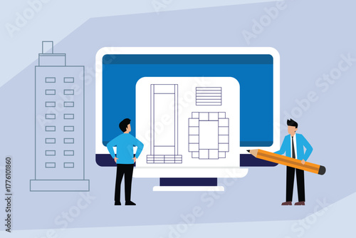 Architects or Engineers Collaborating on Digital Blueprints and Floor Plans on a Computer Screen 2d flat vector illustrations