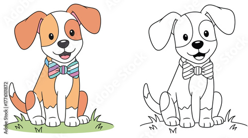 Adorable spotted puppy wearing a colorful striped bow tie, sitting happily on green grass – perfect for a charming children's coloring book illustration.