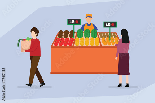 Customer Buying Fresh Produce from Vendor at a Fruit and Vegetable Stand or Market 2d flat vector illustrations