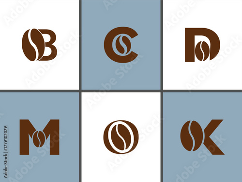 Coffee bean incorporated into letters B C D M O K on blue and white grid letter B letter C