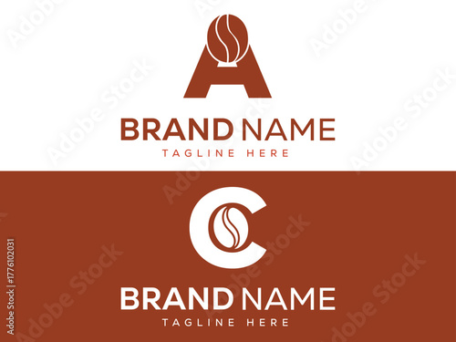 Coffee bean incorporated into letter A and letter C logos with brand name placeholders vector