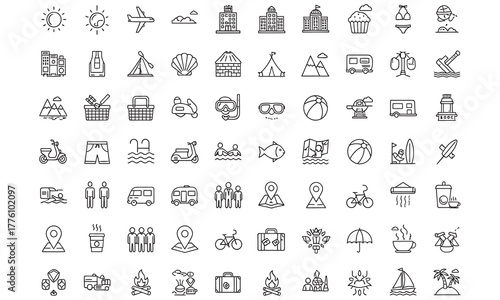Collection of Travel and Lifestyle Icons Representing Leisure Activities, Transportation, and Destinations