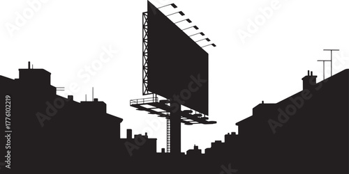 Billboard Silhouette Vector Illustration in Cityscape. Advertising Sign on Roof