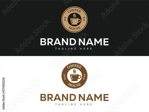 Coffee house logo with steaming cup and brand name placeholder vector