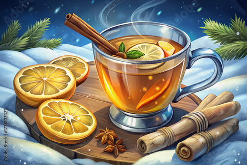 Hot ginger tea with floating slices and cinnamon stick served in transparent glass, placed on powdered snow, creating a warm contrast against cold winter atmosphere