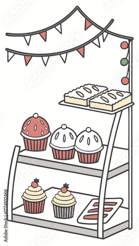 Christmas bakery display with mince pies, stolen, and cupcakes  festive pastry flat vector illustration,Christmas bakery display with mince pies, stolen, and cupcakes — festive pastry flat vector .