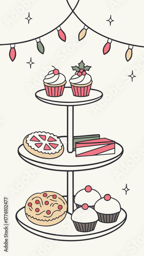 Christmas bakery display with mince pies, stolen, and cupcakes — festive pastry flat vector illustration.