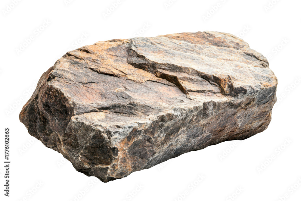 Fototapeta premium Rough grey rock with veins isolated on transparent background. Close up of a rock isolated on white background.