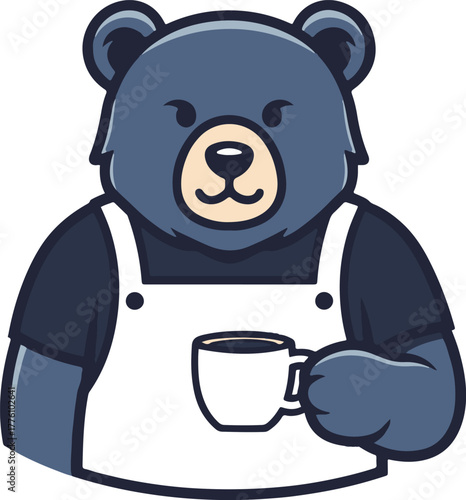 bear mascot wearing an apron and holding a coffee cup
