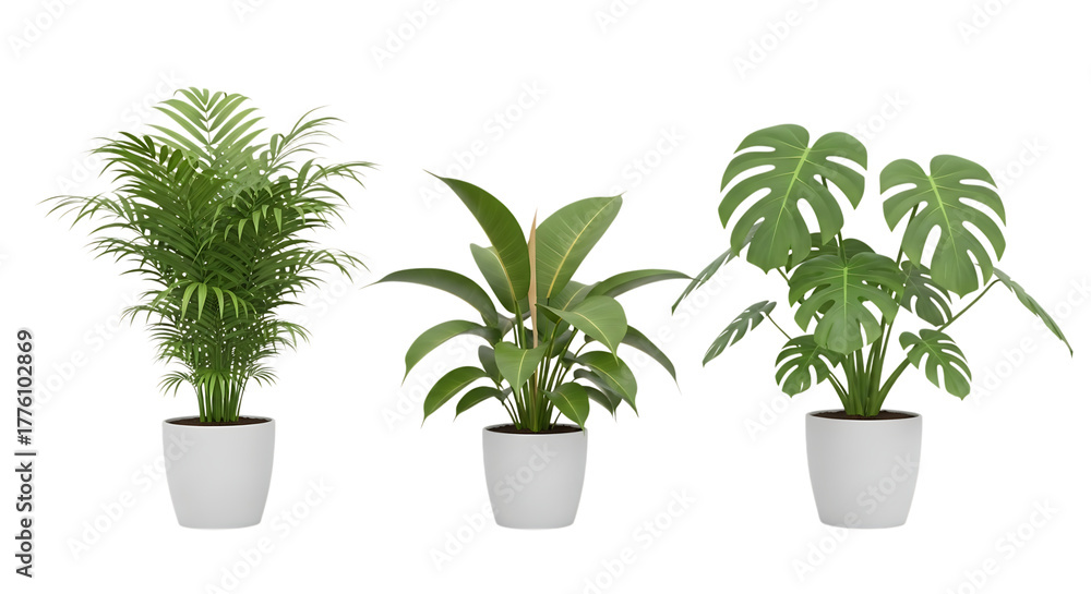 Fototapeta premium Houseplants, Three Potted Including a Palm, Bird of Paradise, and Monstera Deliciosa, cutout, PNG isolated on white or transparent background