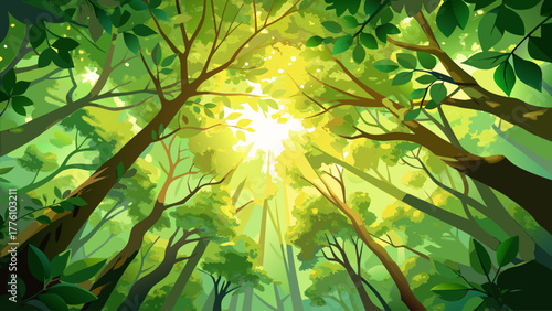 Looking up through a canopy of bright green summer leaves, soft golden sun rays filter between branches, creating a warm, glowing forest atmosphere full of peace and vitality, detailed vector art