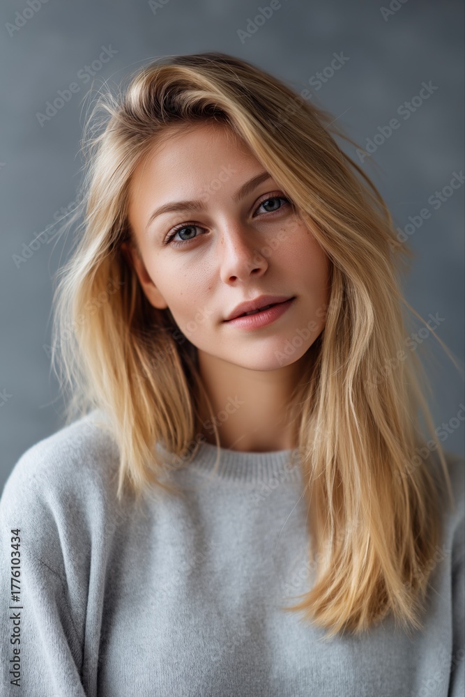 Fototapeta premium Young caucasian female with blonde hair in gray sweater against gray background