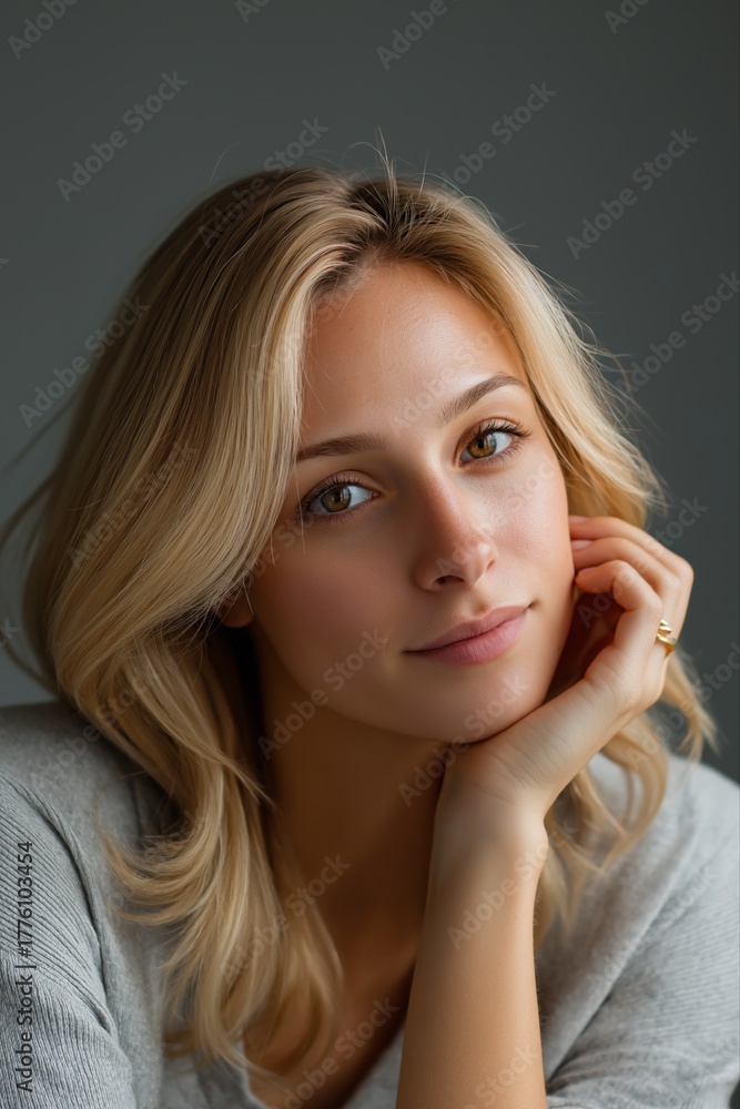 Fototapeta premium Young caucasian female with blonde hair and thoughtful expression