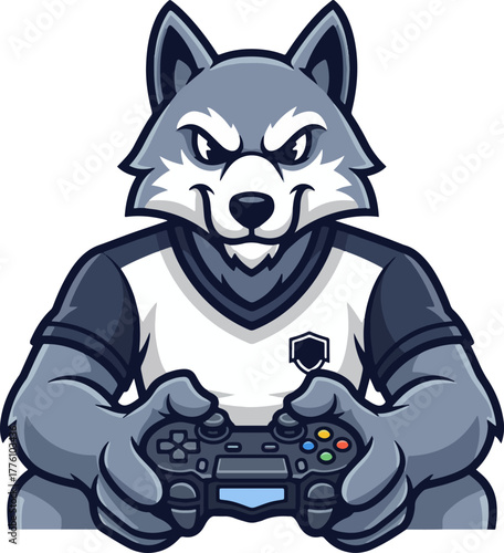 Anthropomorphic wolf playing with controller