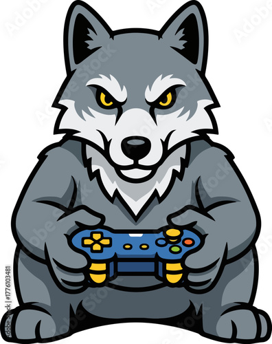 Anthropomorphic wolf playing with controller