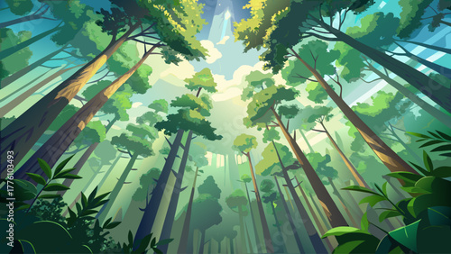 Looking upward at dense forest treetops touched by morning light, mist gently drifting between green leaves, creating a calm, dreamy, and refreshing natural scene, detailed vector illustration